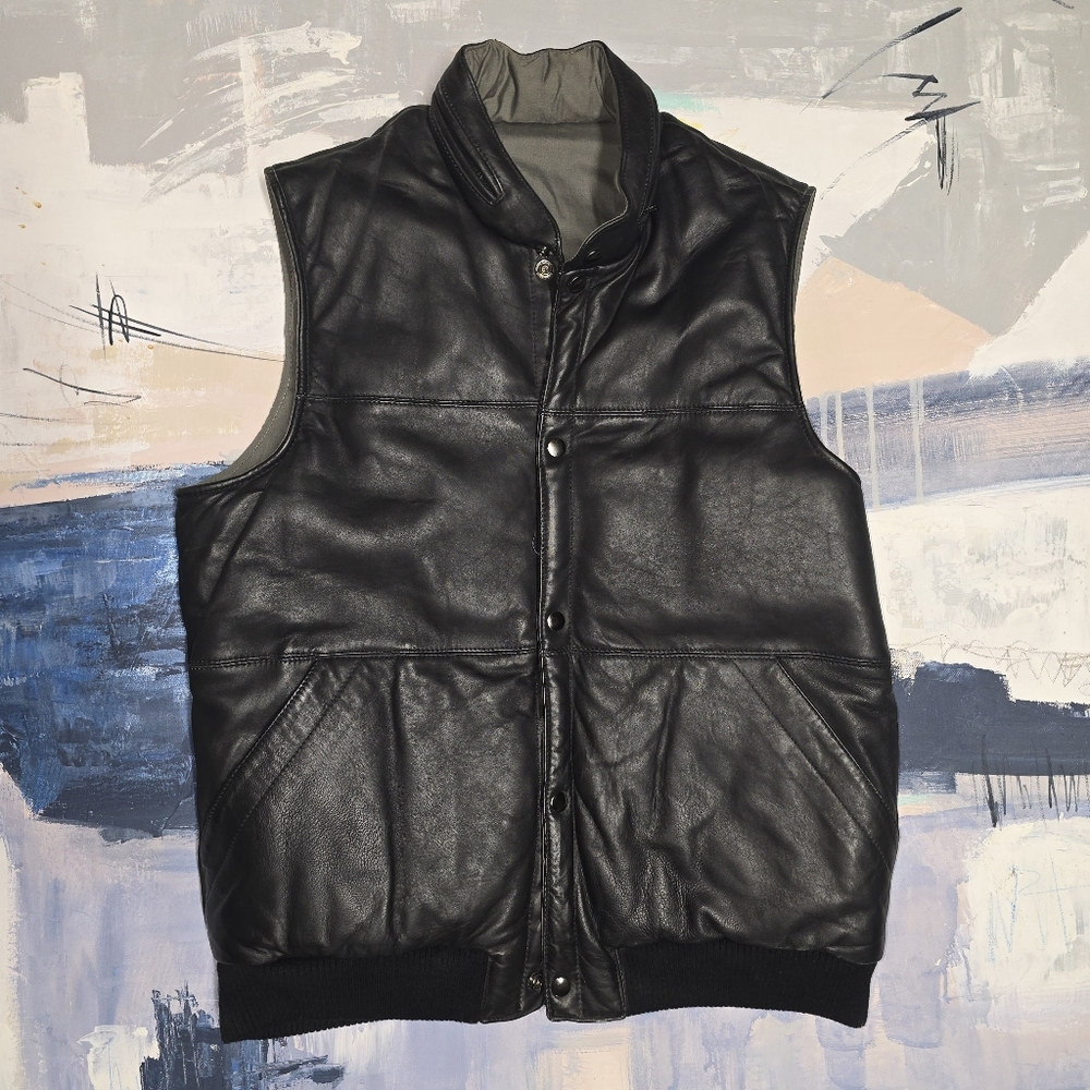 Neiman Marcus Leather Quilted Hooded Puffer Mens Down Vest XL Packable Hood - Picture 7 of 7